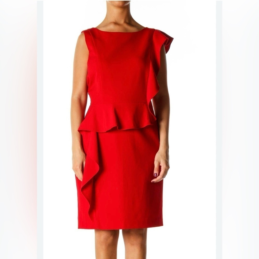 Calvin Klein Red Sheath Ruffle Sleeveless Midi Dress Size 2